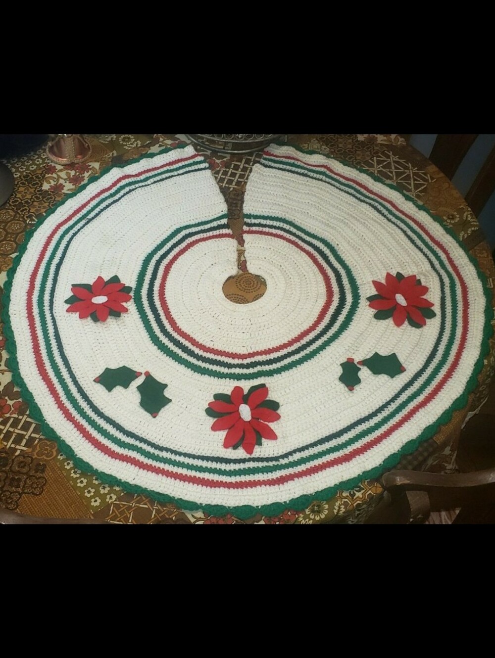 Handmade Crochet Christmas Tree SkirtWhite, Red & Green Poinsettias & Holly